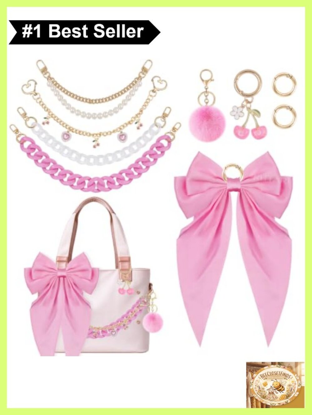 7 Pc Tote Bag Accessory Set Pearl Chain Bow Charm Keychain Clips Purse Decor